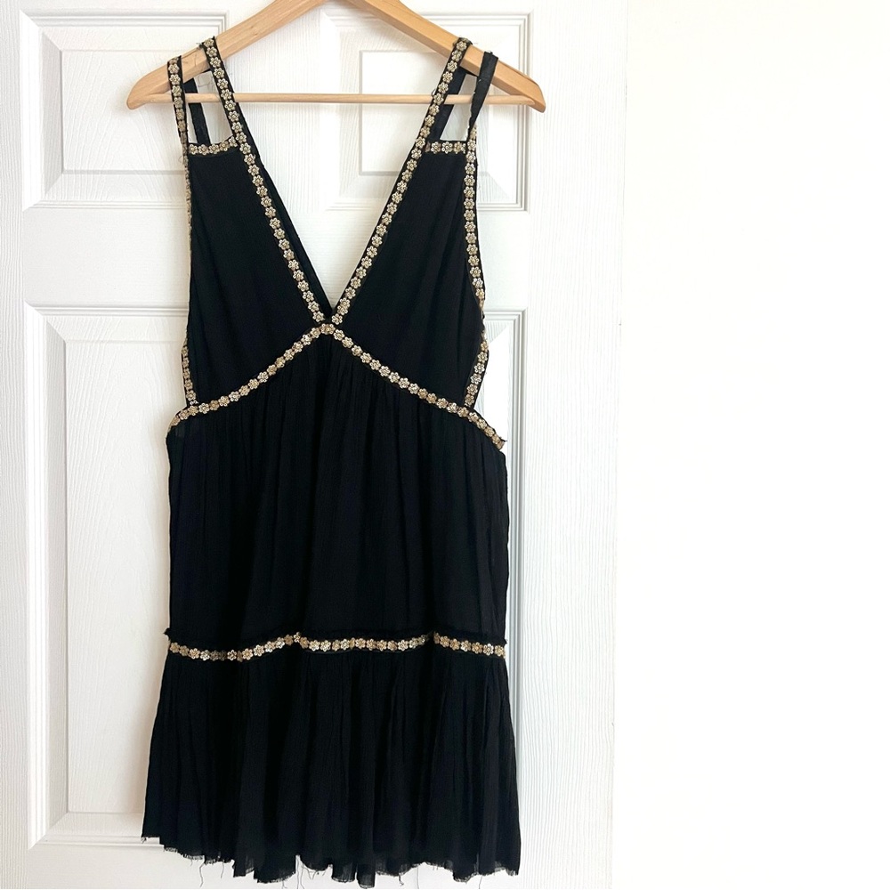 Free People Black Dress with Gold Trim, Cut Outs, M